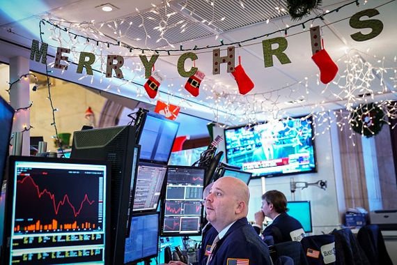Une banderole de Noël à la Bourse de New York.