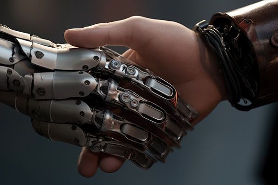 Une main de robot qui serre une main humaine