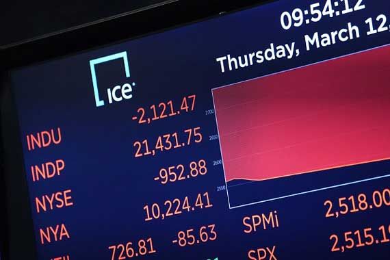 Un tableau montrant les indices boursiers en forte baisse le 12 mars 2020.